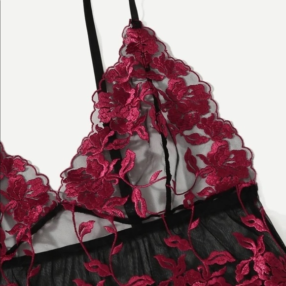 Red & Black Mesh Lace Slip Dress Thong Lingerie - Picture 5 of 7